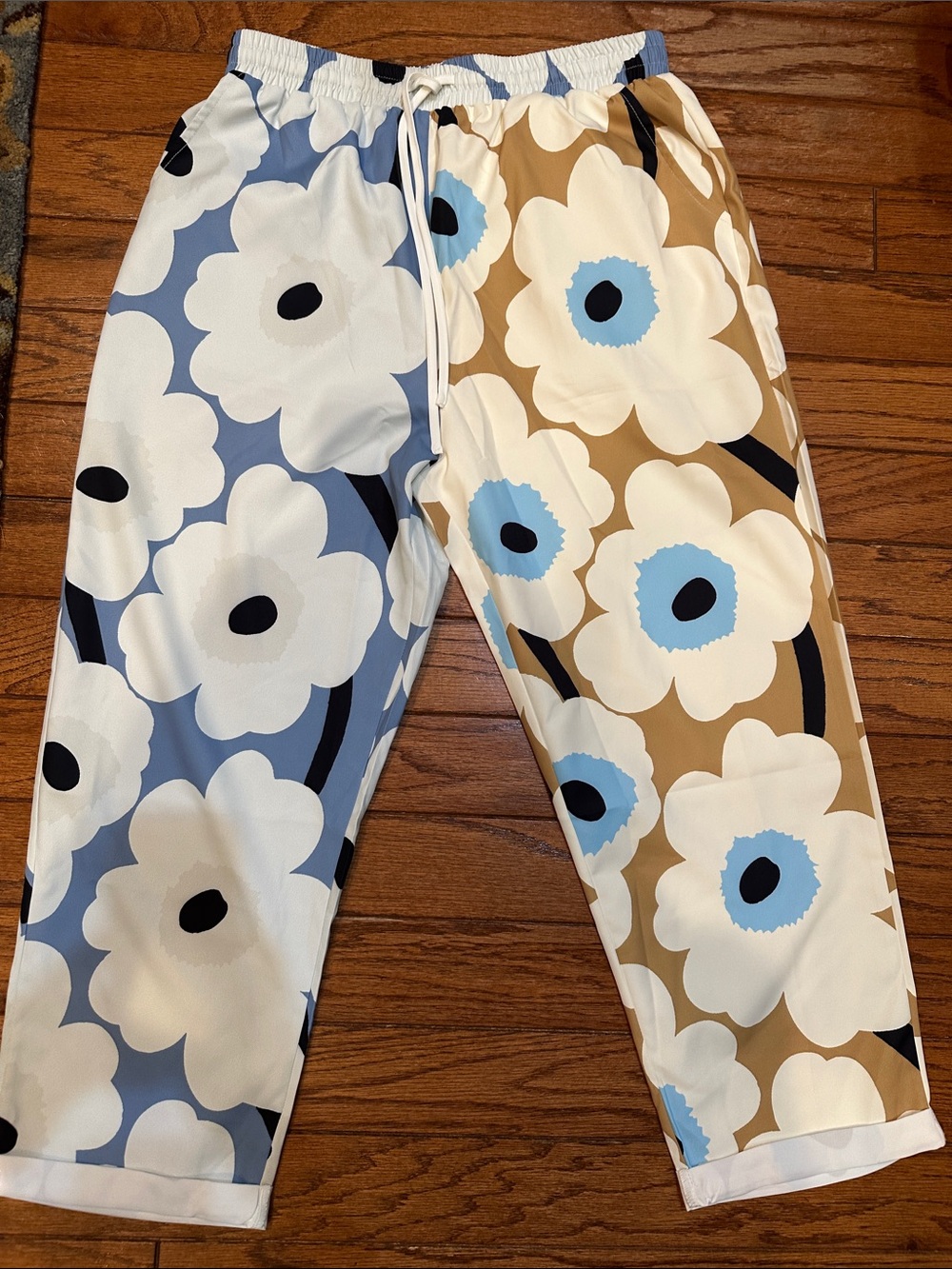 Women Floral made w love elastic waist Pants - Blue & Tan M/L